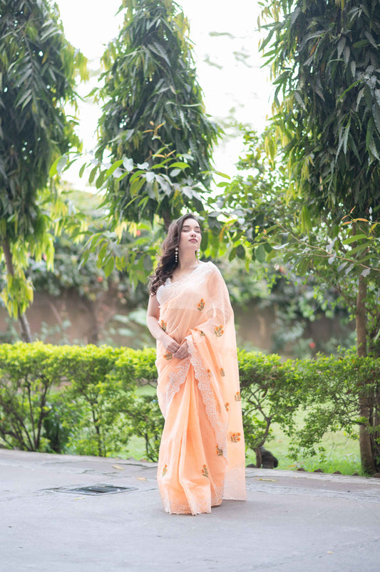 Peach Petal- Embroidered Kota Doria Saree