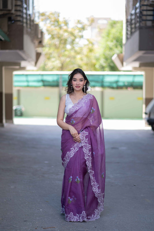 Plum Allure- Embroidered Kota Doria Saree