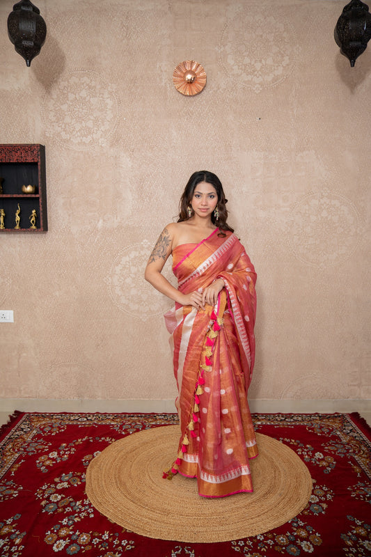 Pink Glow- Pink Zari Linen Saree