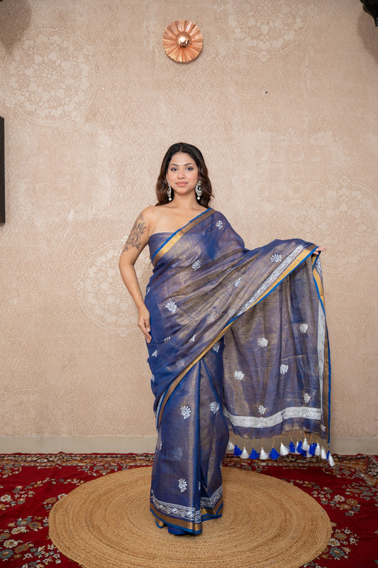 Rajvi- Blue Zari Linen Saree
