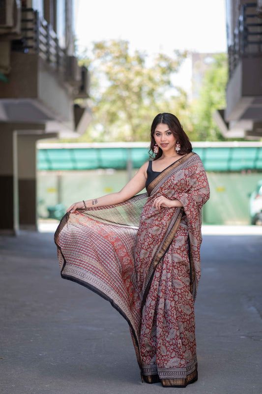 Saanvika- Red Bagru Maheshwari Silk Saree
