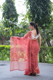 Sage Whisper - Orange Dabu Kota Doria Saree