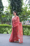 Sage Whisper - Orange Dabu Kota Doria Saree