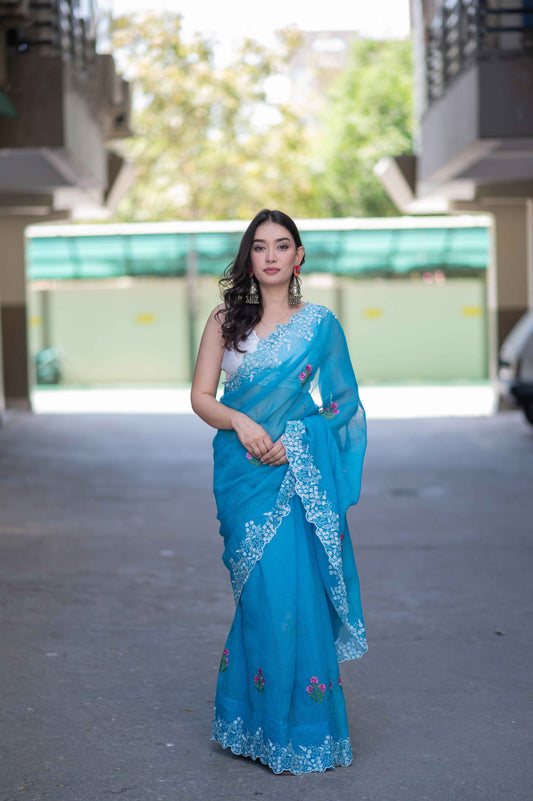 Serene Drift- Blue Kota Doria Saree