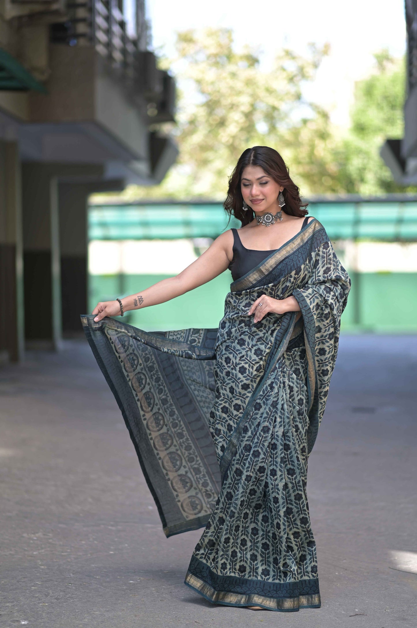 Sharvini- Beige Ajrakh Maheshwari Silk Saree