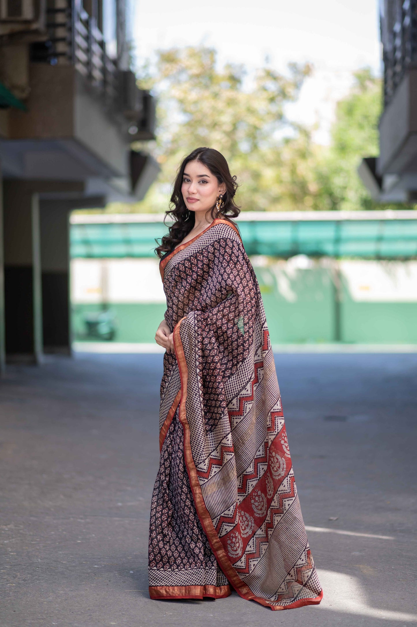 Sitara- Black Bagru Maheshwari Silk Saree
