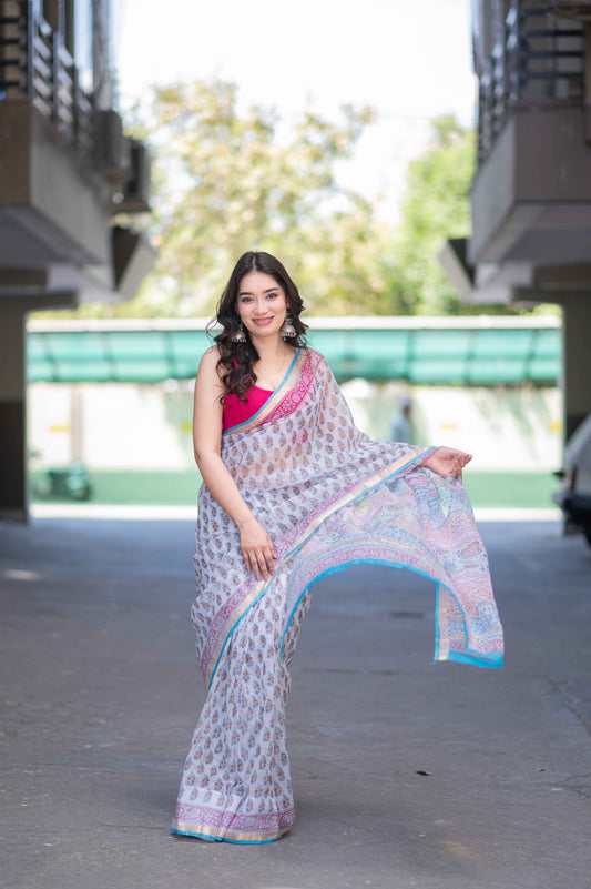 Sugar Pearl- White Block Printed Saree