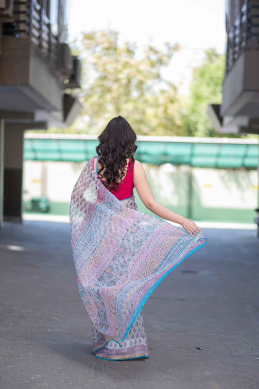 Sugar Pearl- White Block Printed Saree