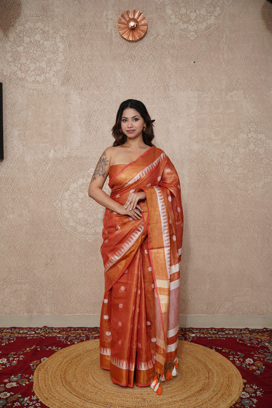 Sunset Skies - Peach Zari Linen Saree
