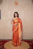 Sunset Skies - Peach Zari Linen Saree