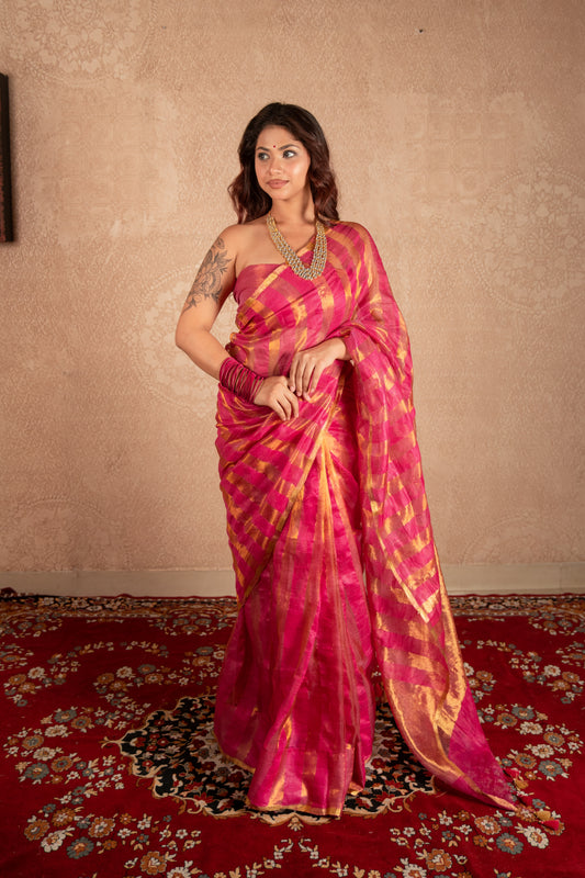 Sutraja- Pink Striped Silk Saree