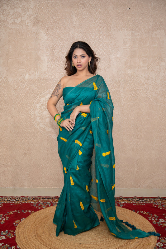 Sutrika- Green Silk Saree with leaf embroidery