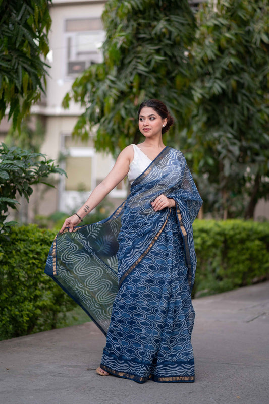 Twilight - Indigo Kota Doria Saree