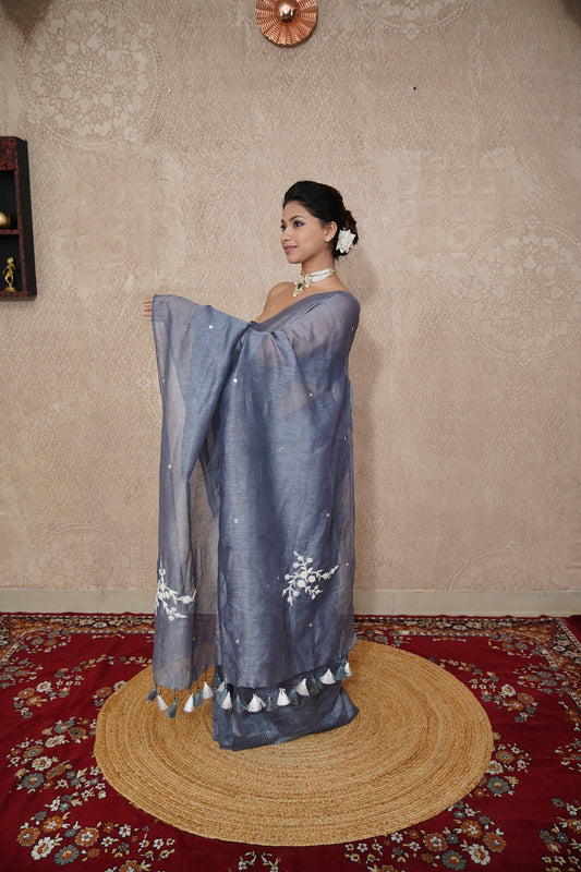 Tantika- Grey Silk Linen Saree