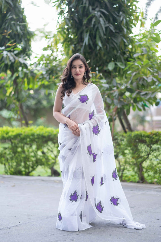 Violet Leaf - White Kota Doria Saree