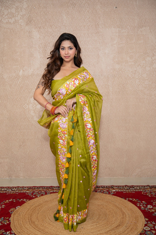 Vasanta - Green Floral Silk Saree