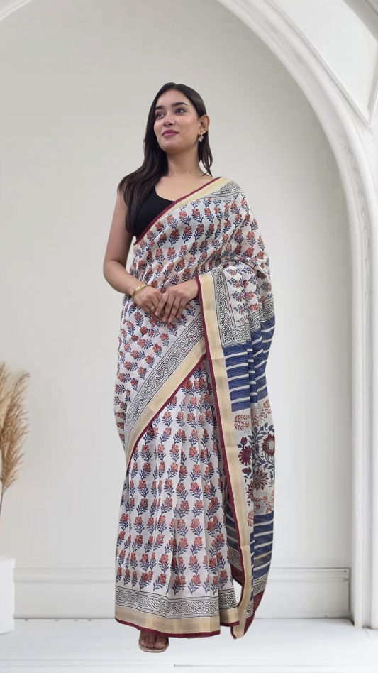 Vedanshi - White Maheshwari Silk Saree