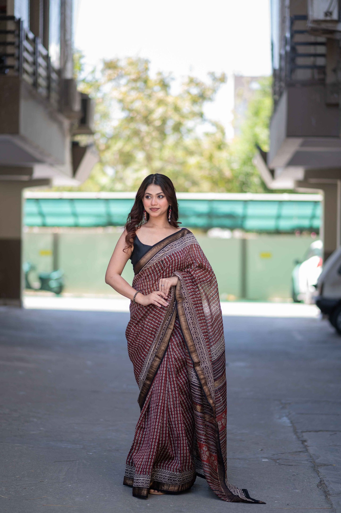 Amrita- Red Bagru Maheshwari Silk Saree