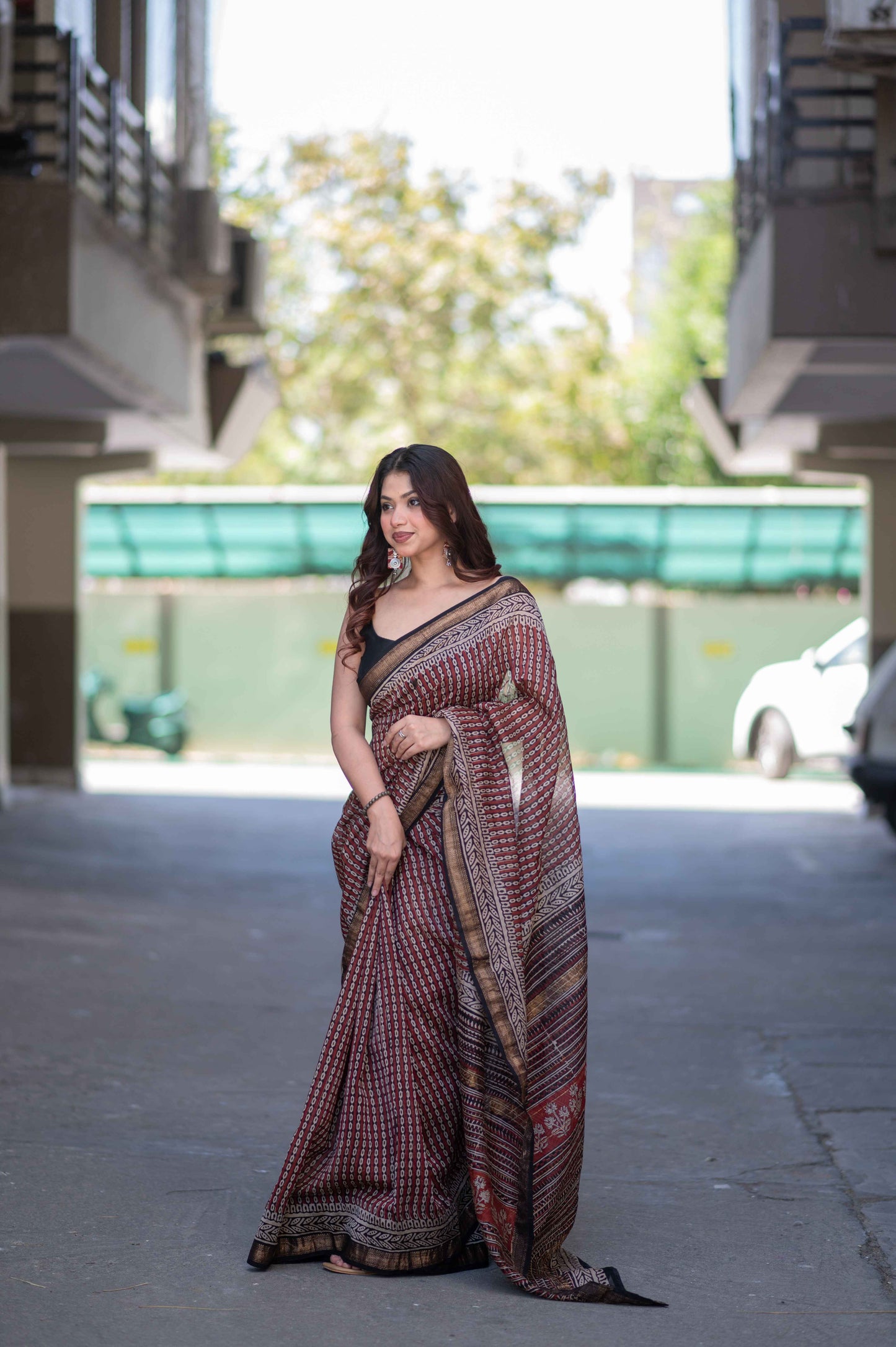 Amrita- Red Bagru Maheshwari Silk Saree