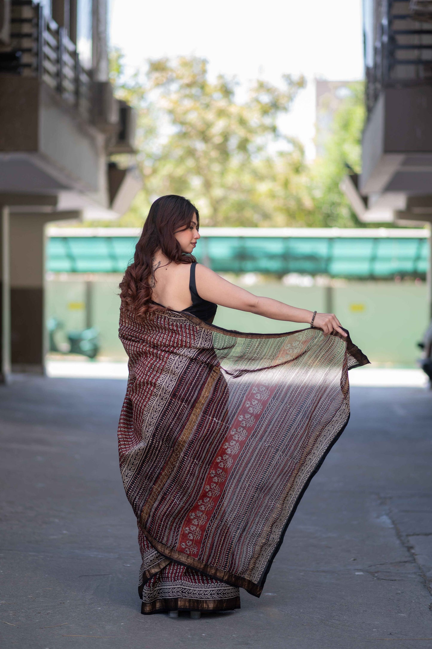 Amrita- Red Bagru Maheshwari Silk Saree