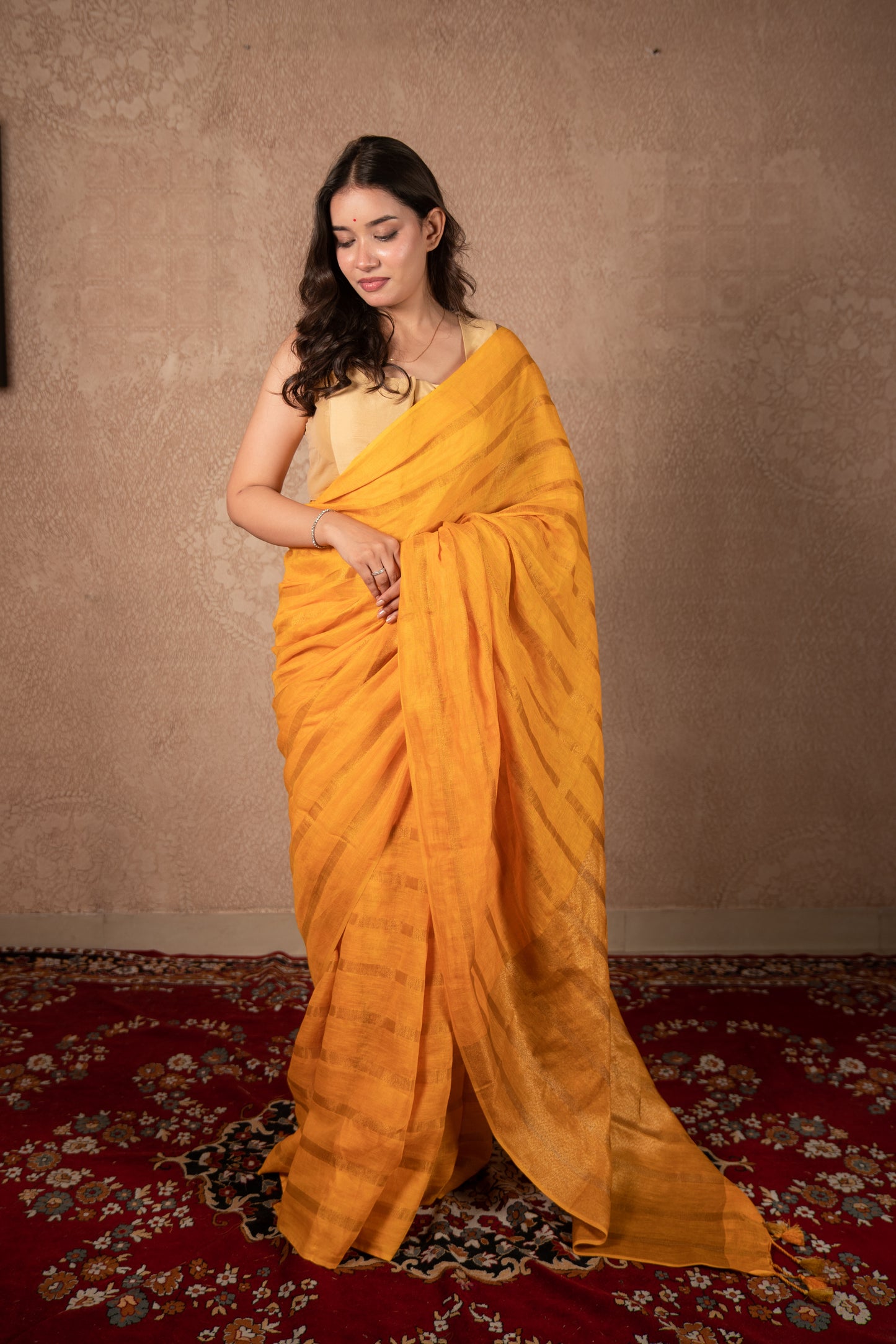 Abhirupa- Yellow Striped Linen Saree