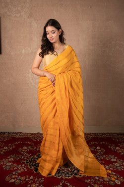 Abhirupa- Yellow Striped Linen Saree