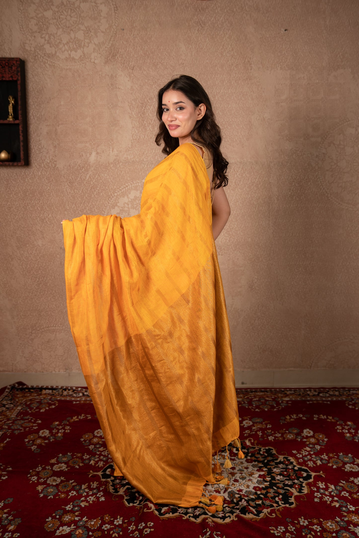 Abhirupa- Yellow Striped Linen Saree