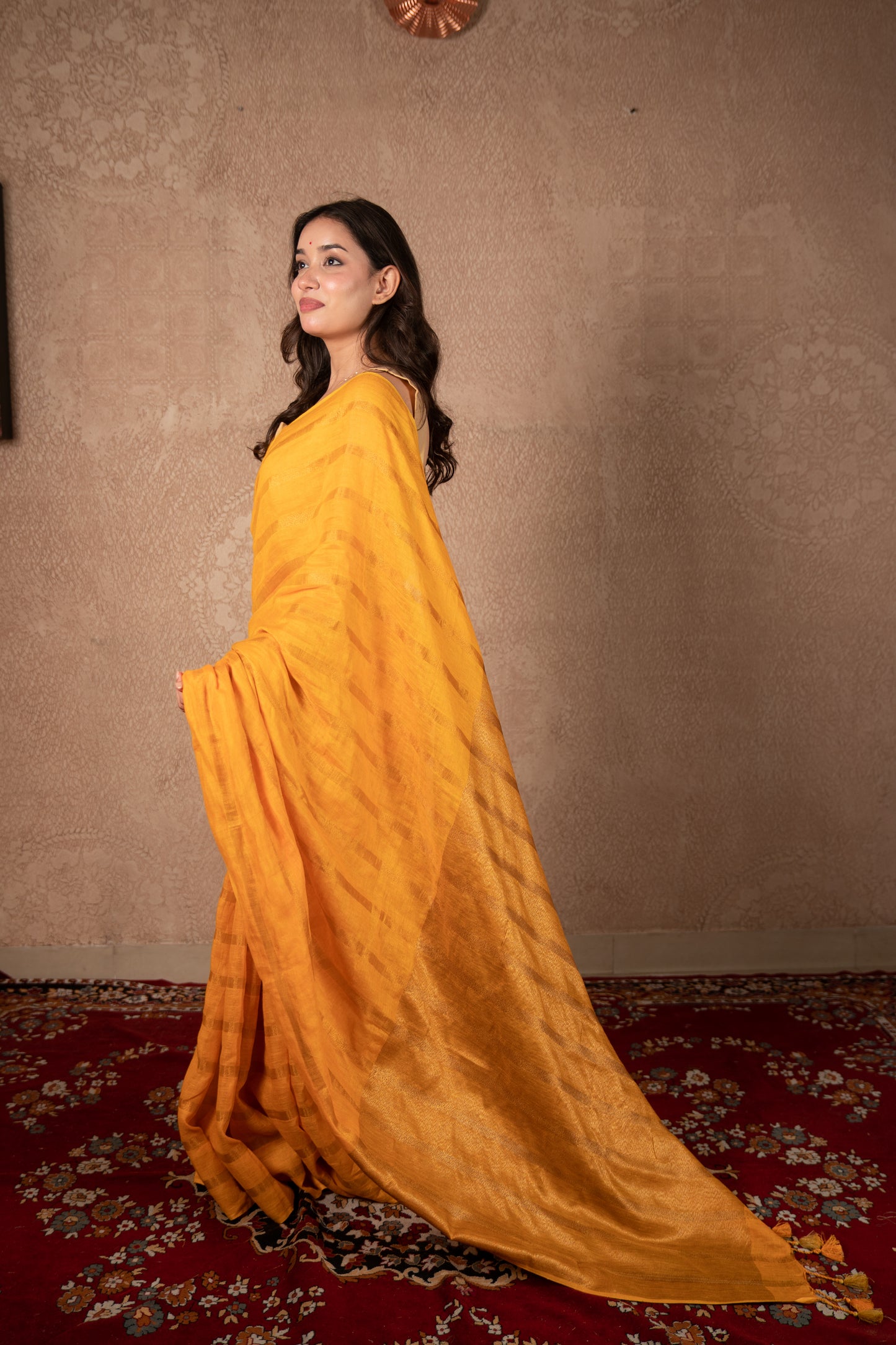 Abhirupa- Yellow Striped Linen Saree
