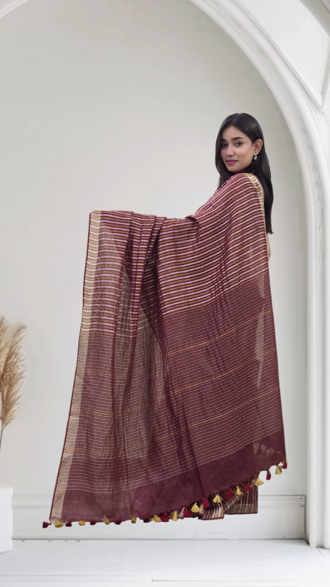 Avanika- Wine Striped Linen Saree