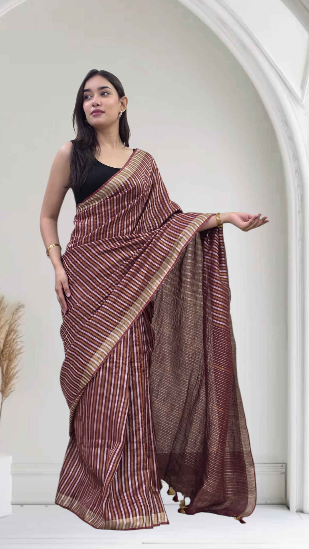 Avanika- Wine Striped Linen Saree