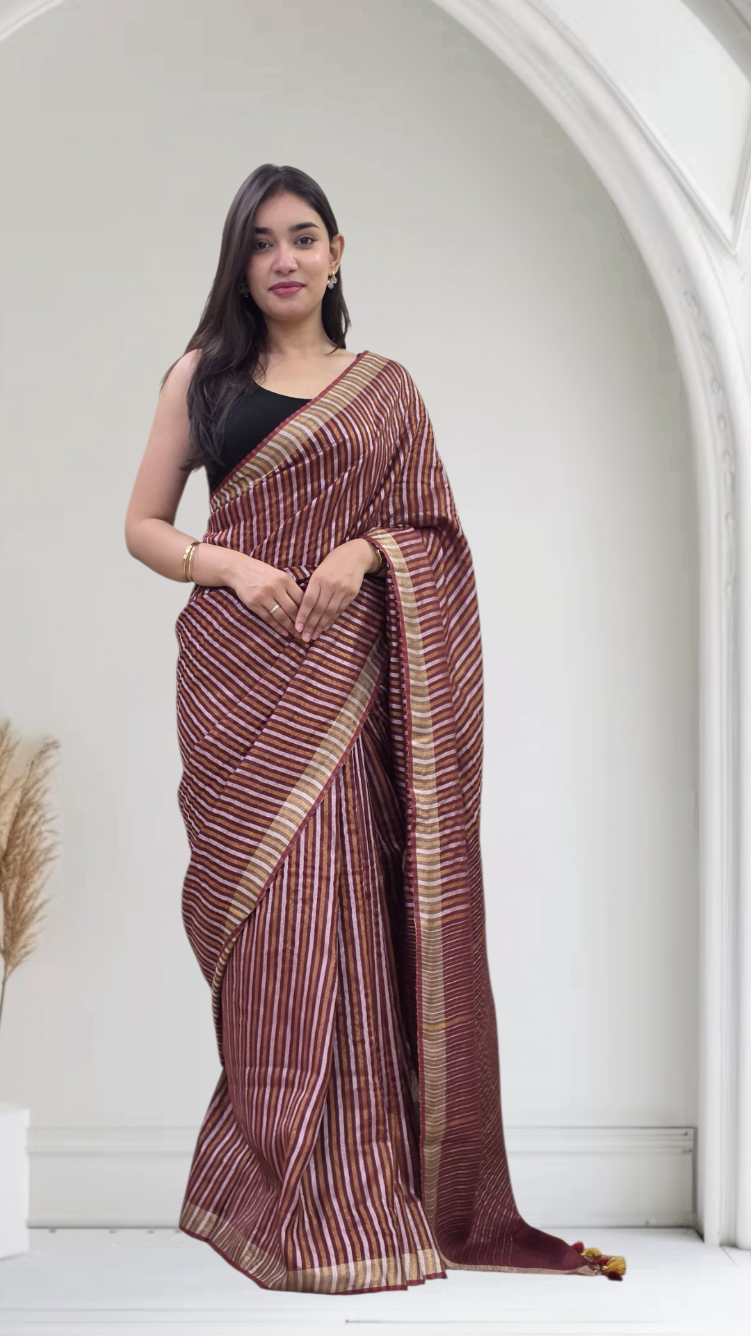 Avanika- Wine Striped Linen Saree