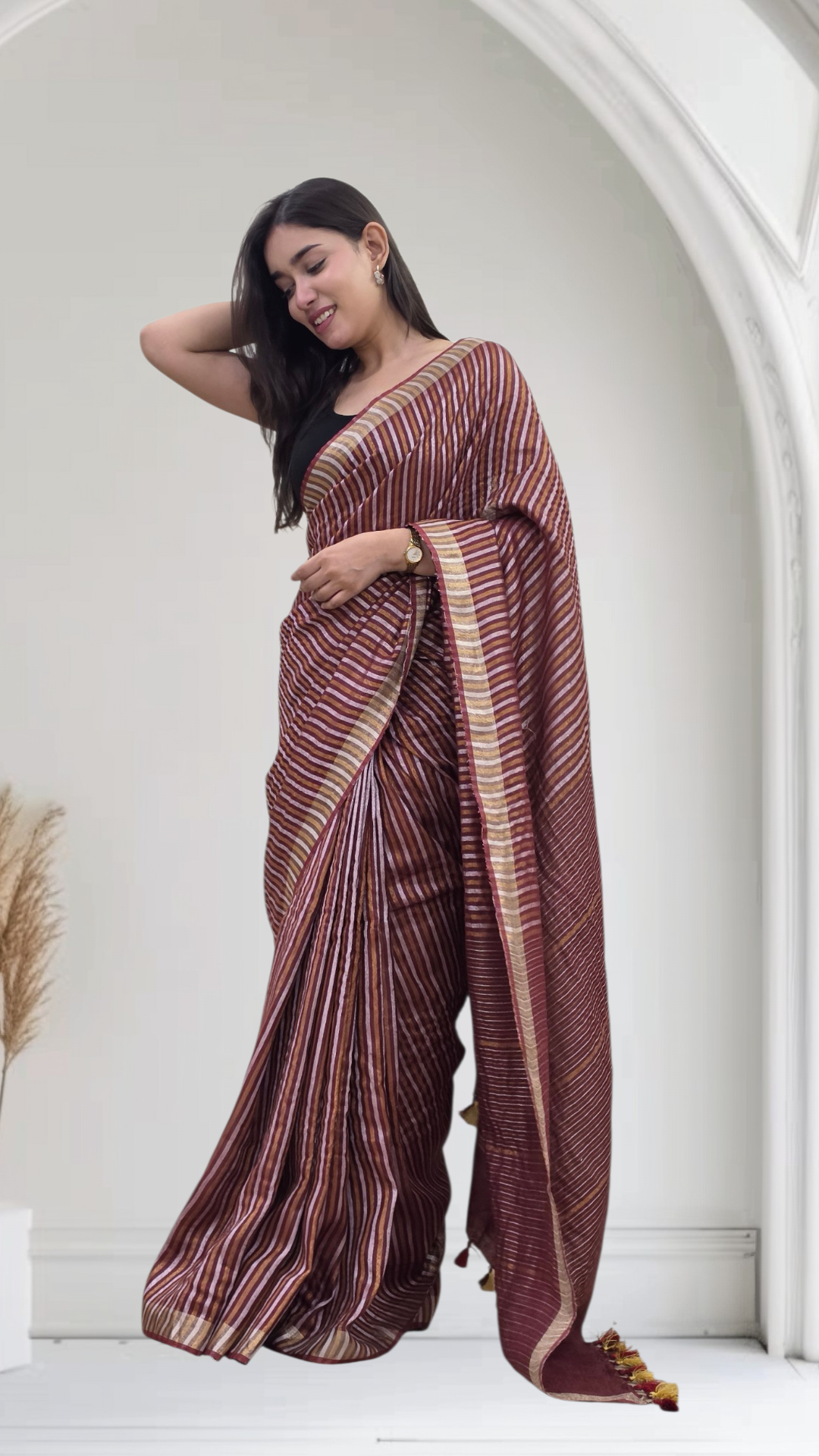 Avanika- Wine Striped Linen Saree