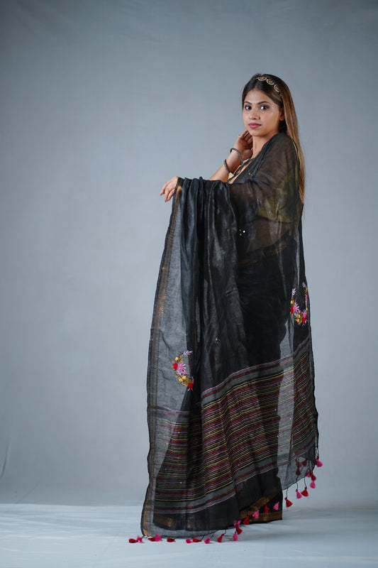Flowery Nights- Black Silk Linen Saree