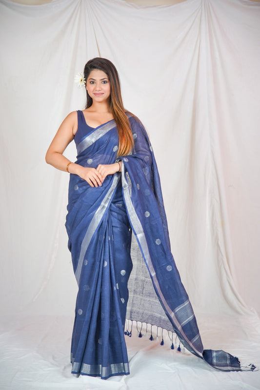 Blue Serenity- Dotted Pure Linen Saree