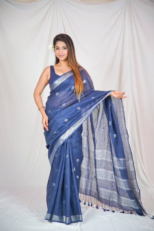 Blue Serenity- Dotted Pure Linen Saree