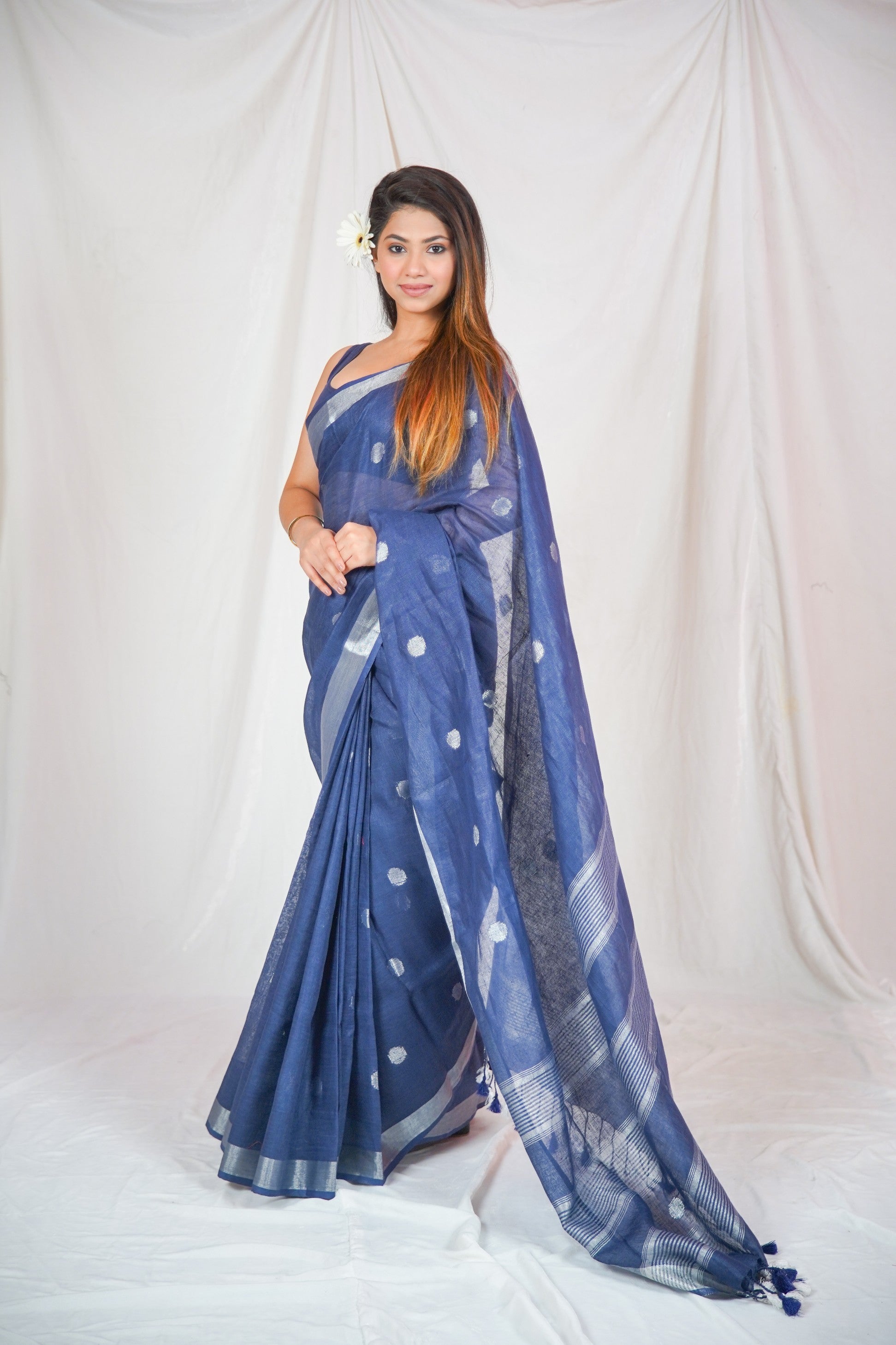 Blue Serenity- Dotted Pure Linen Saree