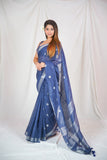 Blue Serenity- Dotted Pure Linen Saree