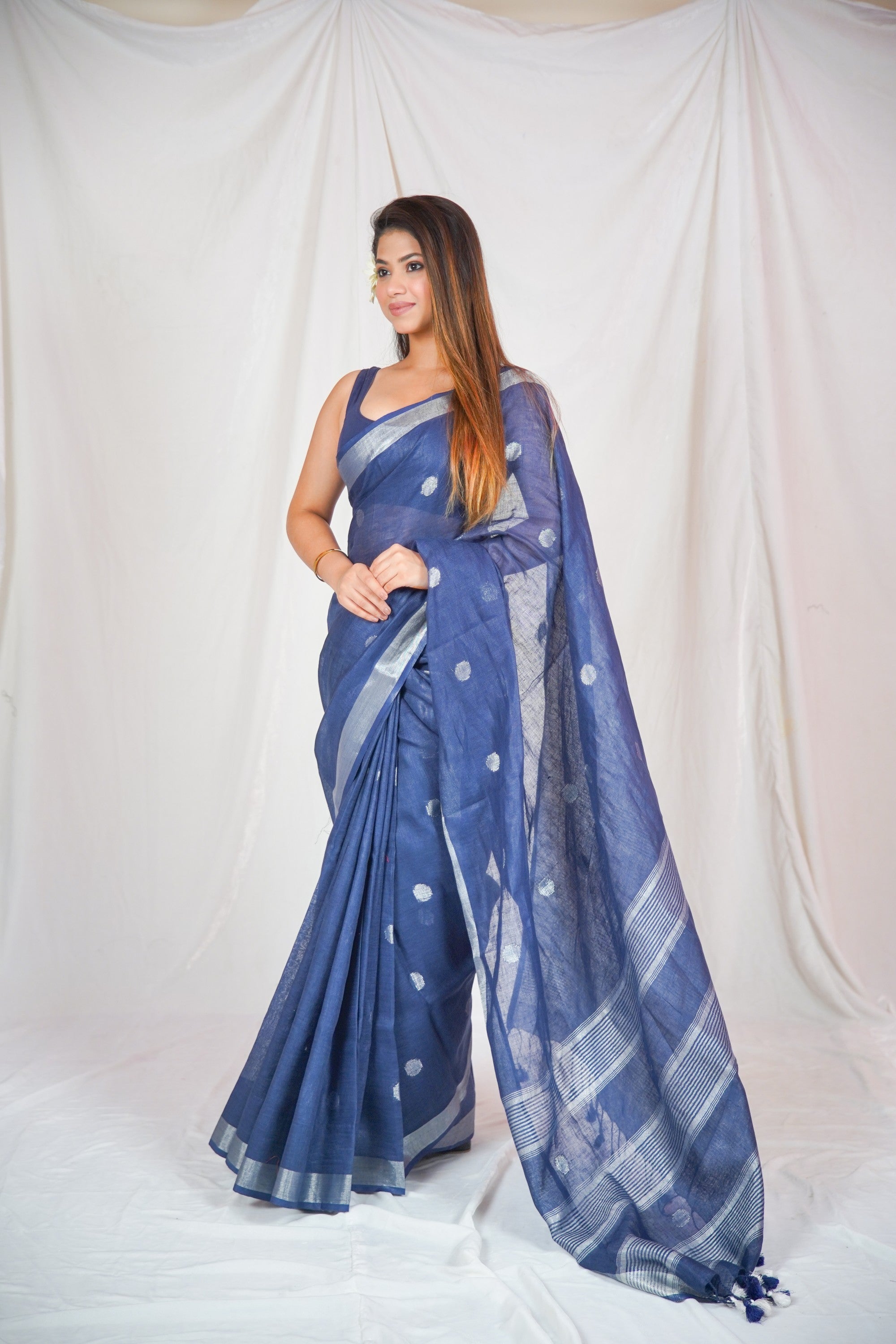 Blue Serenity- Dotted Pure Linen Saree