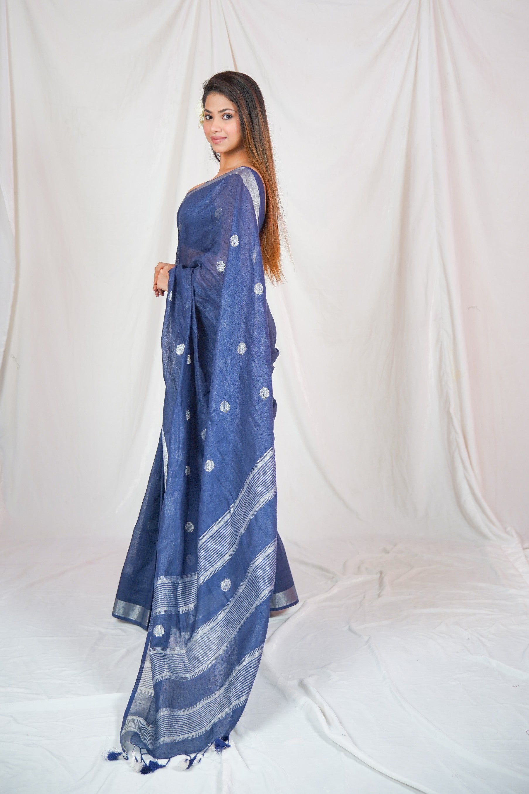 Blue Serenity- Dotted Pure Linen Saree