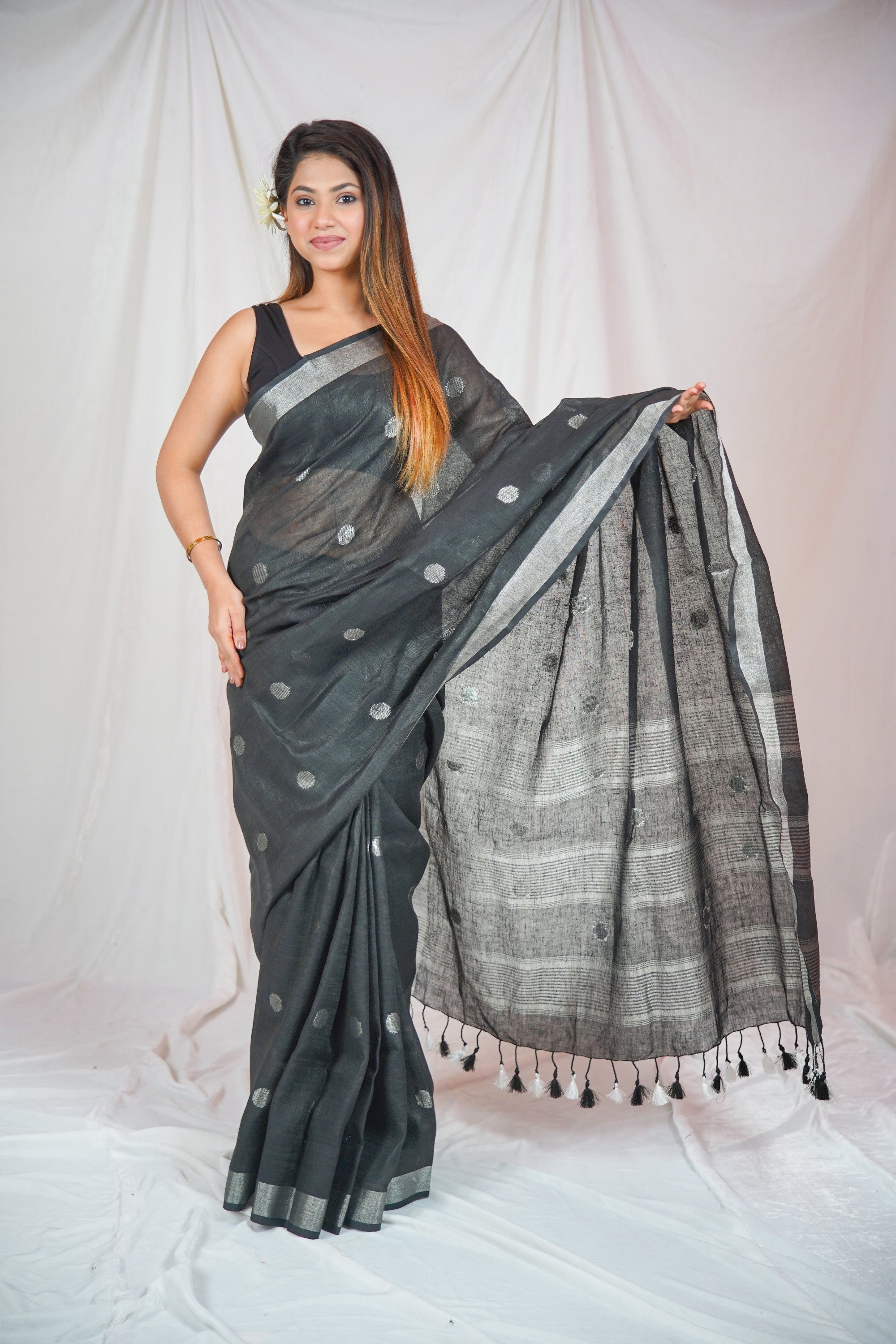 Midnight Elegance - Dotted Black Linen Saree