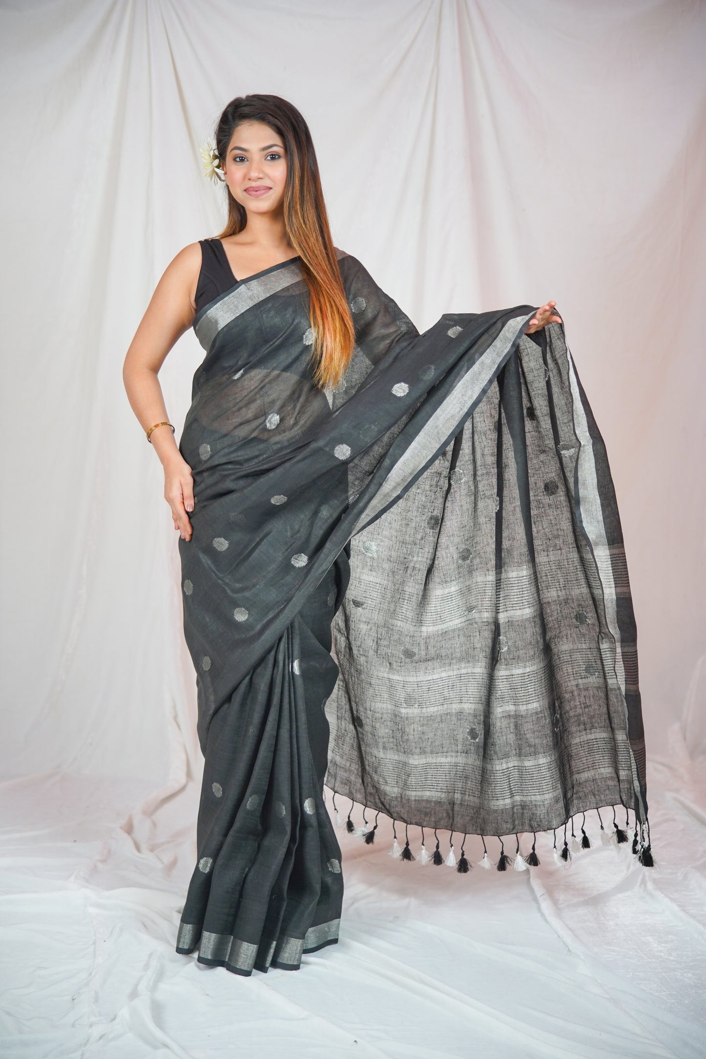 Midnight Elegance - Dotted Black Linen Saree