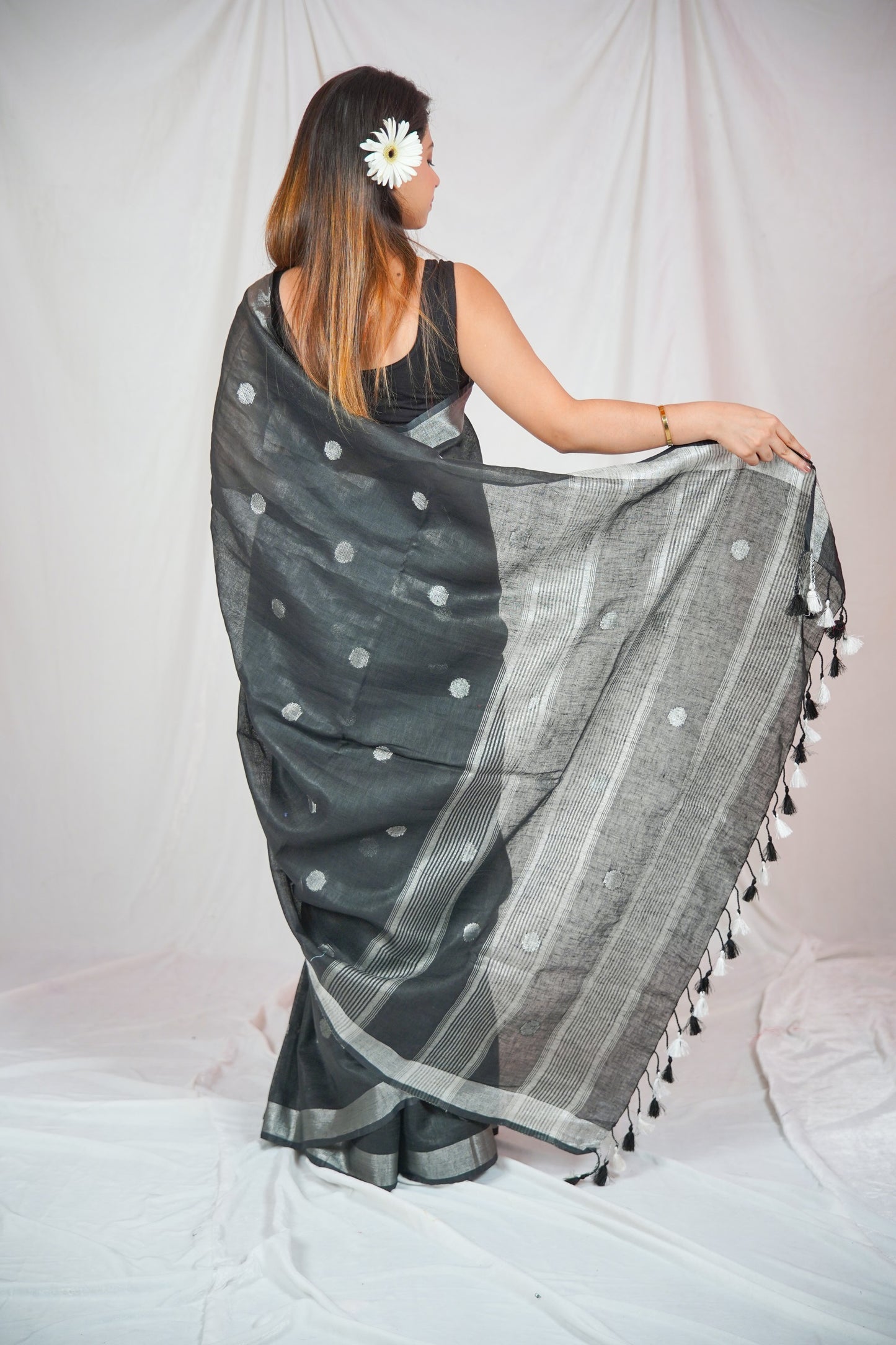 Midnight Elegance - Dotted Black Linen Saree
