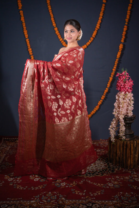 Madhuri- Maroon Floral Kota Doria Saree