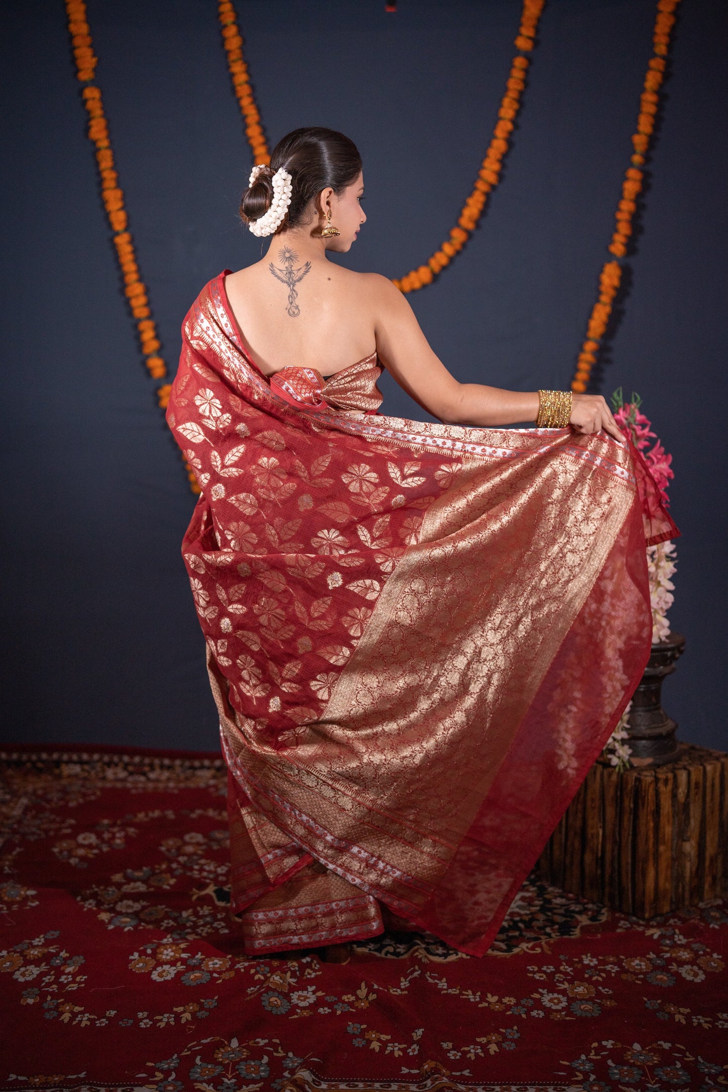 Madhuri- Maroon Floral Kota Doria Saree