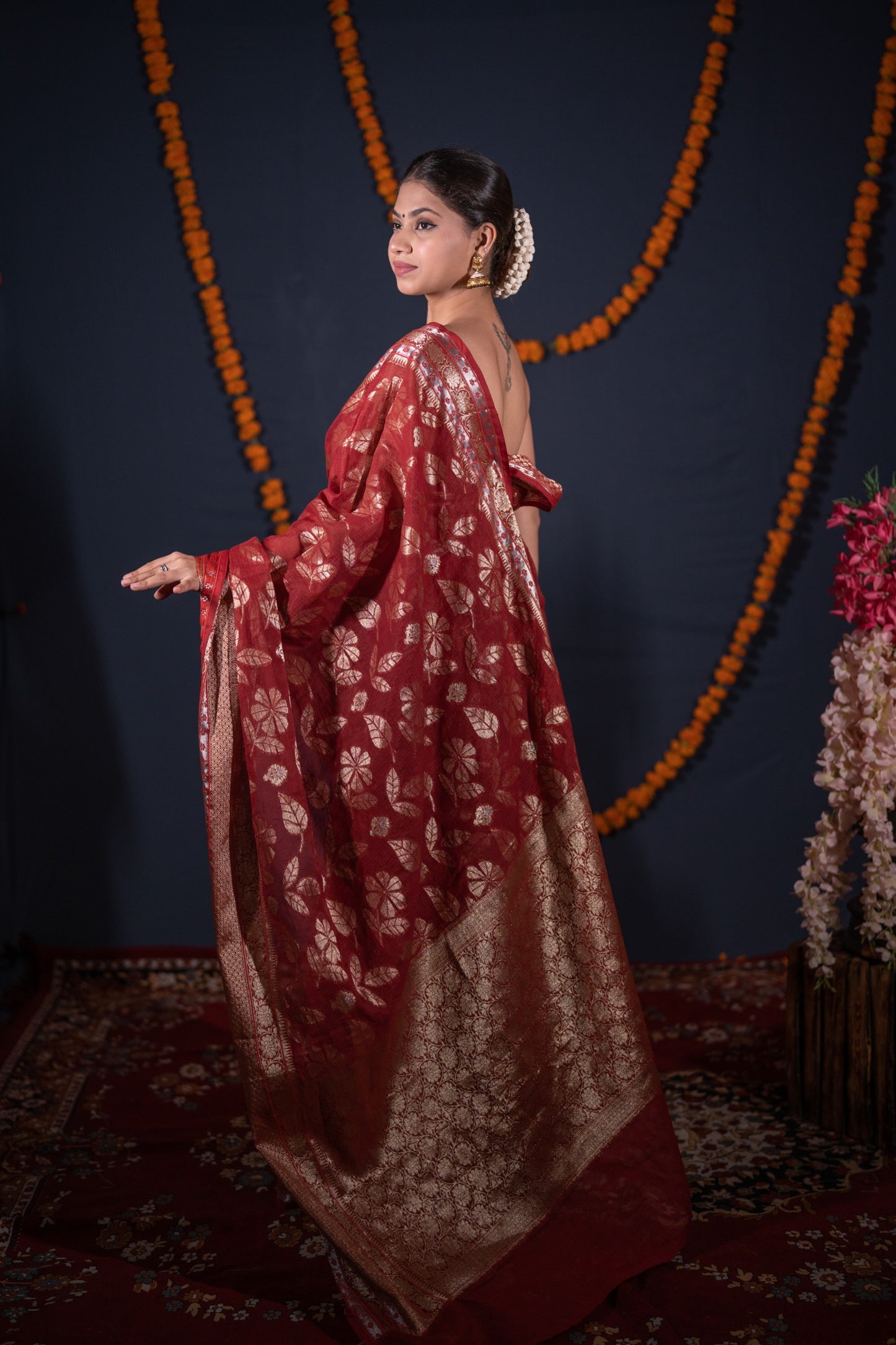 Madhuri- Maroon Floral Kota Doria Saree