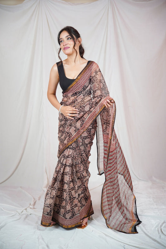 Floral Noir- Kota Doria Saree