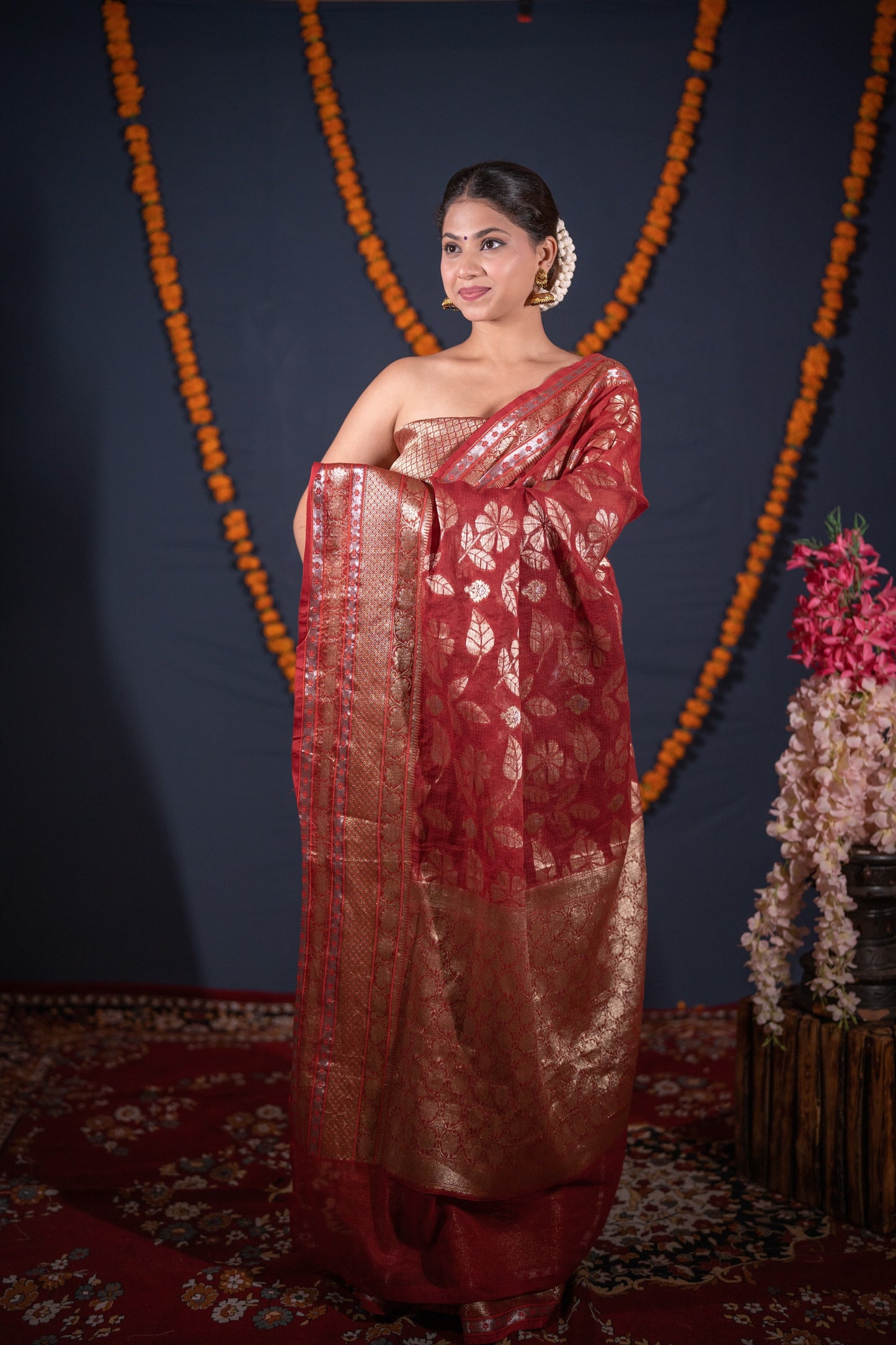 Madhuri- Maroon Floral Kota Doria Saree