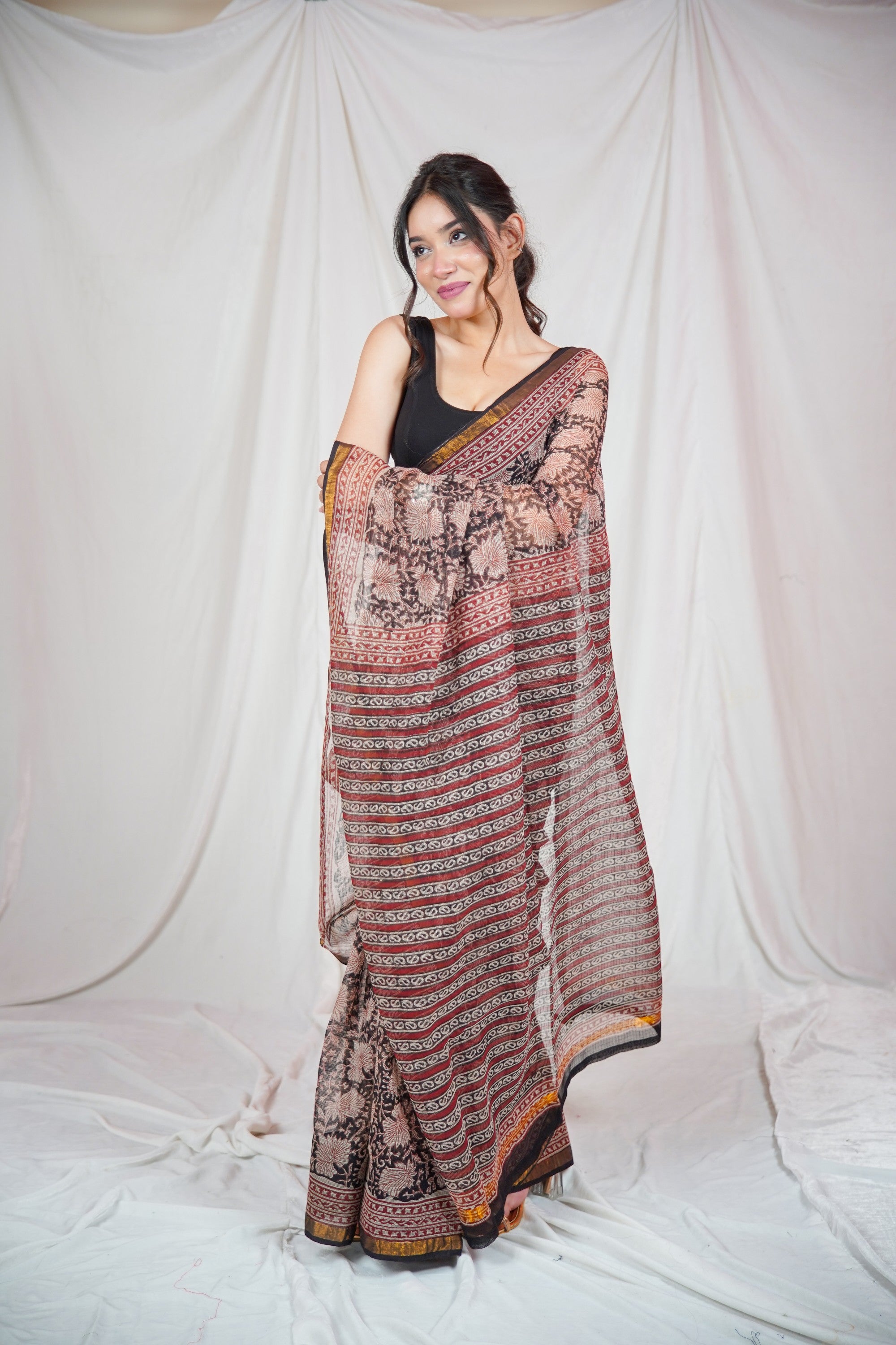 Floral Noir- Kota Doria Saree