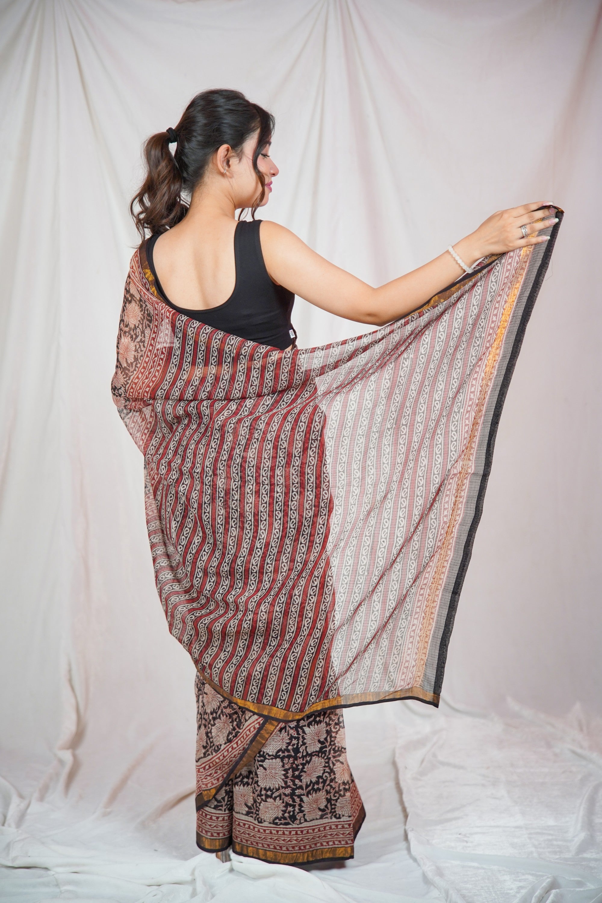 Floral Noir- Kota Doria Saree