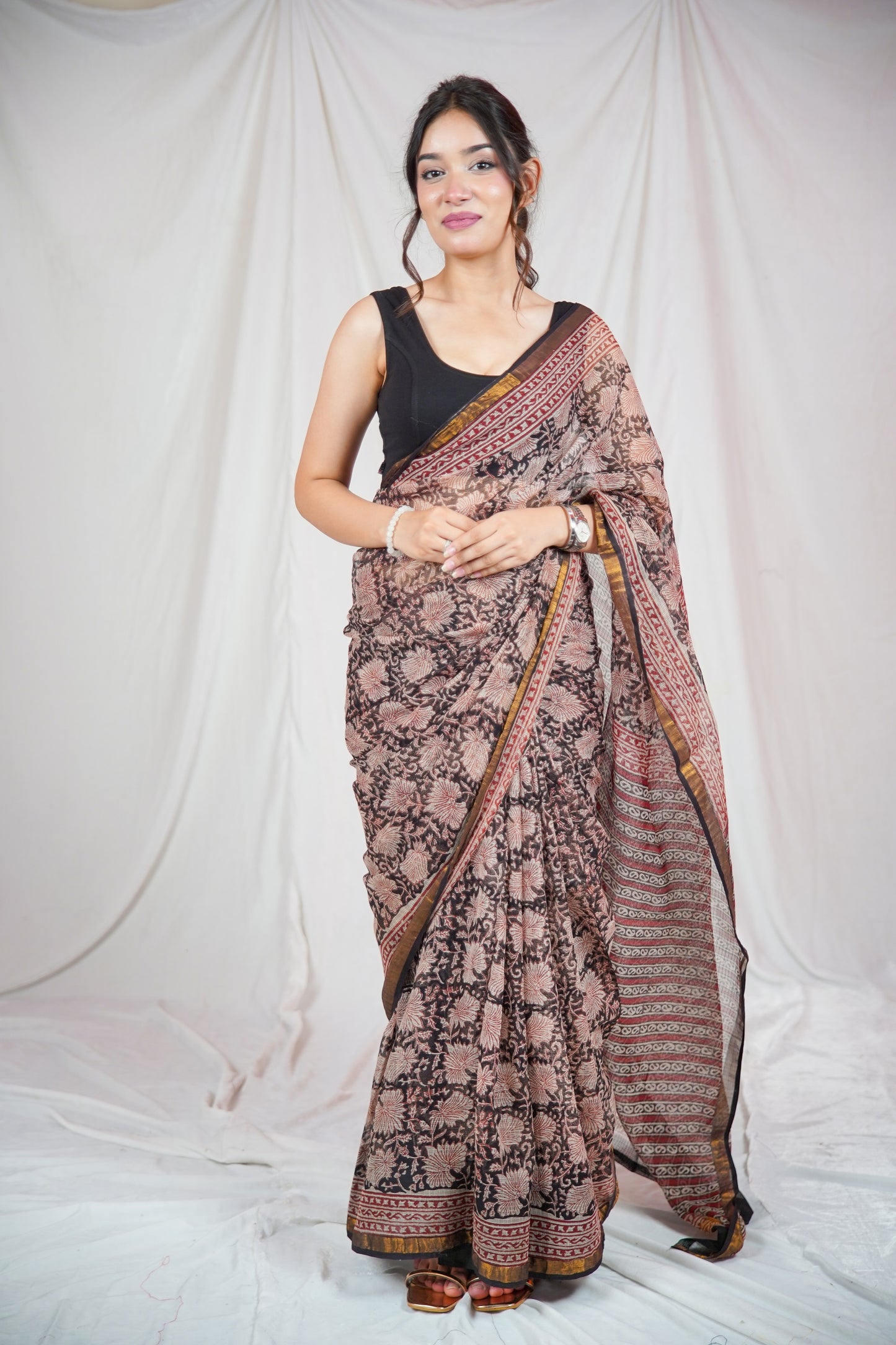 Floral Noir- Kota Doria Saree
